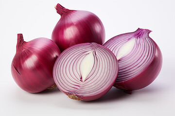Two whole red onions and two halved purple onions on a white background.