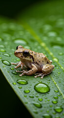 Obraz premium Small Tree Frog on Wet Green Leaf