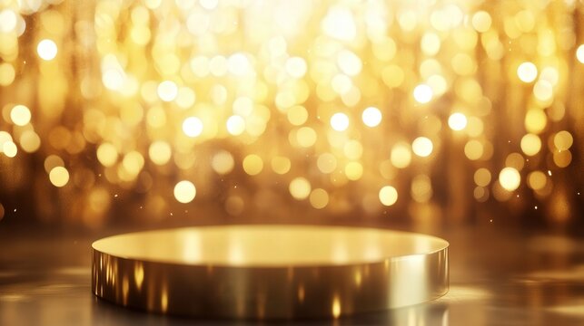 Set against a glowing gold background, the podium is encircled by subtle, dreamy bokeh, evoking a feeling of warmth and sophistication in the scene.