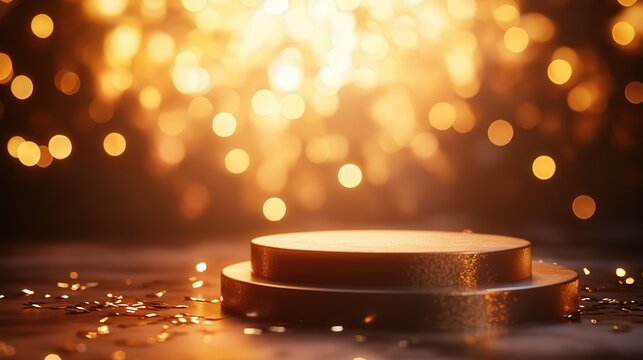 Set against a glowing gold background, the podium is encircled by subtle, dreamy bokeh, evoking a feeling of warmth and sophistication in the scene.