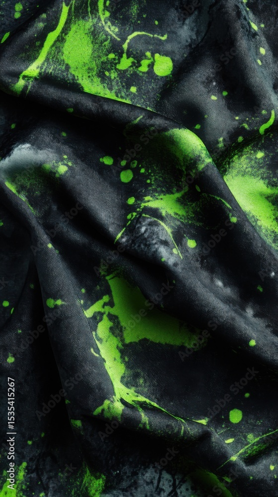 Poster a vibrant abstract textile pattern featuring dark background with splashes of neon green paint creat