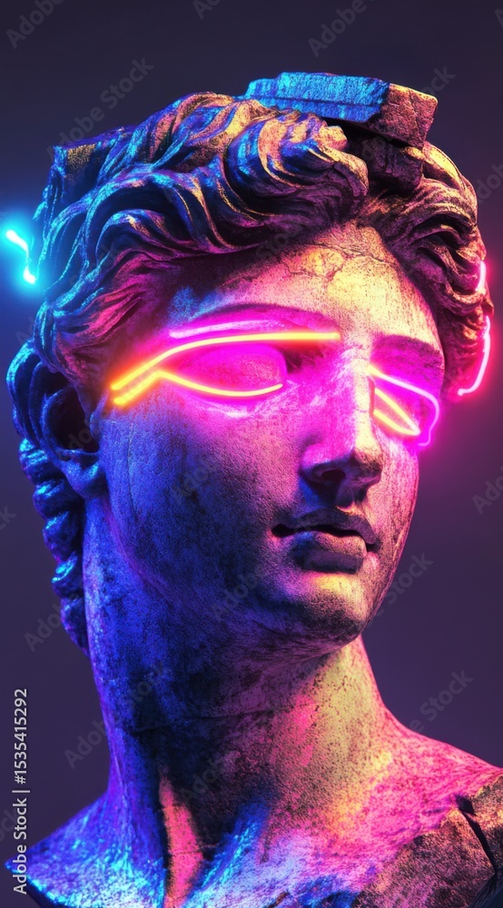 Poster a modern interpretation of classical sculpture merging ancient art with futuristic neon elements to 