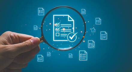 Hand holding magnifying glass over checklist document icons on a blue gradient background design