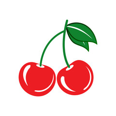 Cherry fruit vector illustration with two ripe red cherries and green leaves on a white background