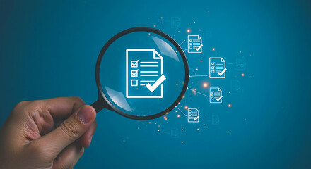 A hand holding a magnifying glass over a checklist document on a blue gradient background design