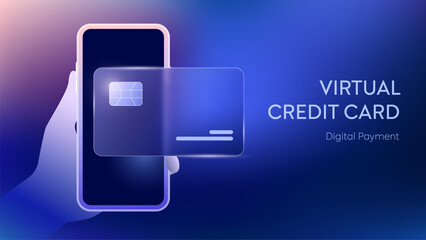 Virtual Payment by Credit card with Smartphone in Hand for Digital Banking and Online Pay Card Tech in Futuristic Glassmorphism Vector, Finance Innovation Technology on Abstract Gradient Background.