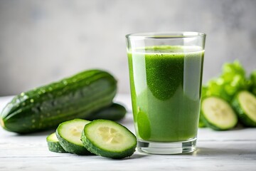 Glass of fresh green cucumber juice with whole cucumbers and slices on a white rustic wooden table