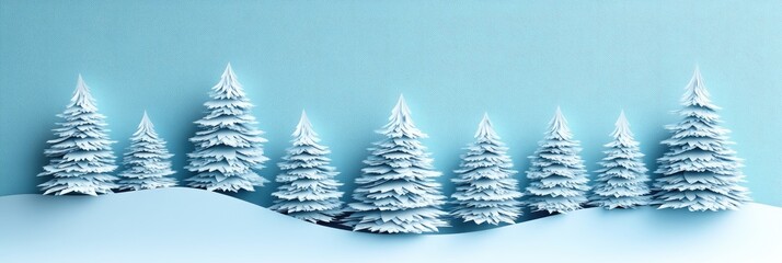 A stylized winter 3d scene with frosted evergreen trees on snowy hills, perfect for websites or blogs about holidays, winter, or seasonal greetings.

