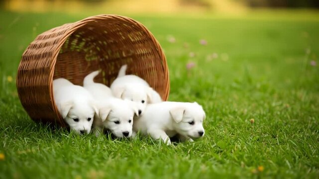 Two fluffy white puppies playing playfully on a green lawn, radiating innocence and joy.
