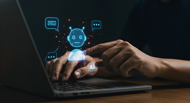 Hands interacting with a chatbot on a laptop, suggesting advanced communication