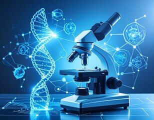 Biotech Laboratory Concept with Microscope and Holographic DNA
