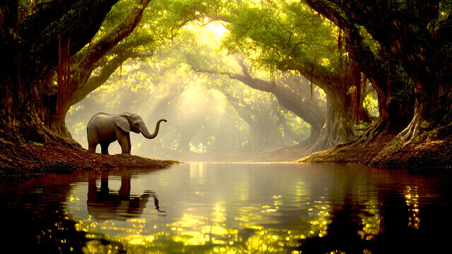 baby elephant standing by a river in a forest in sunny weather