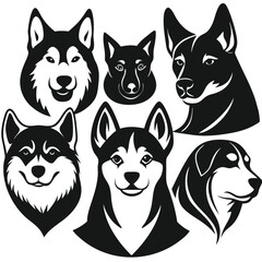 Obraz premium Vector illustration of various dog breeds head silhouettes in bold black and white graphics