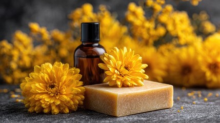 A bar of soap and a bottle of essential oil amongst yellow flowers.