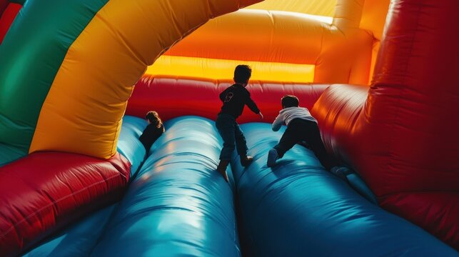 Children playing on colorful inflatable bouncy castle