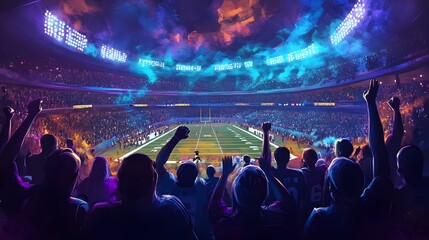 Crowd cheering at a night  in a stadium.