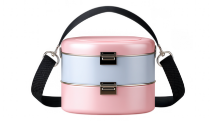 Two tiered pink and light blue lunchbox with black strap isolate twotiered