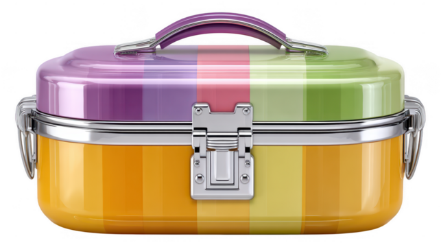 Colorful striped metal cosmetic case shiny portable container with handle and clasp isolated