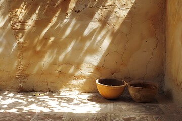 Clay bowls beside textured rustic wall high resolution picture
