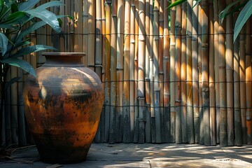Clay jar beside bamboo garden wall high resolution picture