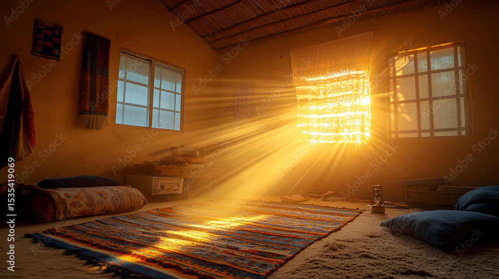 Aufkleber golden sunlight streams through a window in a rustic room, illuminating dust motes and a colorful ru