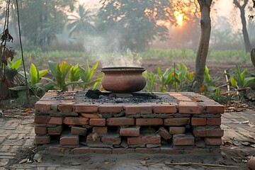 Clay pot boiling on brick stove high resolution picture