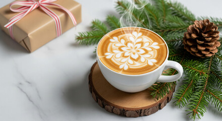Steaming latte art coffee in white cup on wooden coaster, Christmas gift and pine branch nearby, evoking warmth and holiday cheer