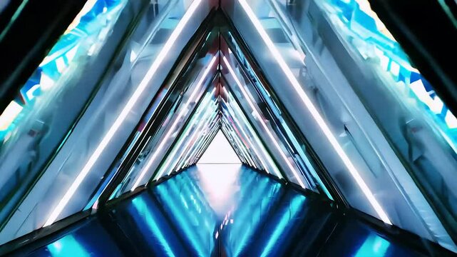 Infinite triangular portal glows neon cyan mirror walls scattering reflections camera races forward seamless video K loop invites sci fi intros gaming menus cyberpunk stage design video s immersive