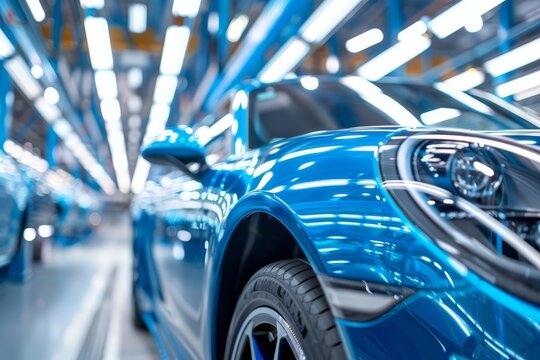 High-tech production line features a vibrant blue car undergoing assembly, highlighting advanced manufacturing techniques and precision
