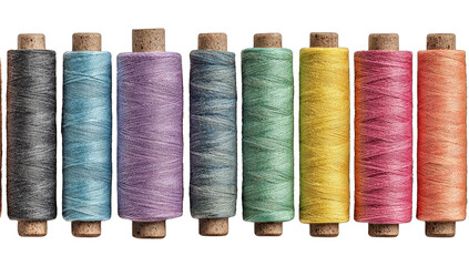 Row of colorful sewing thread spools