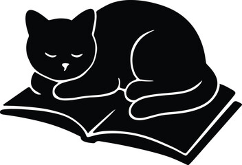 Silhouette of sleeping cat lying on a book vector illustration