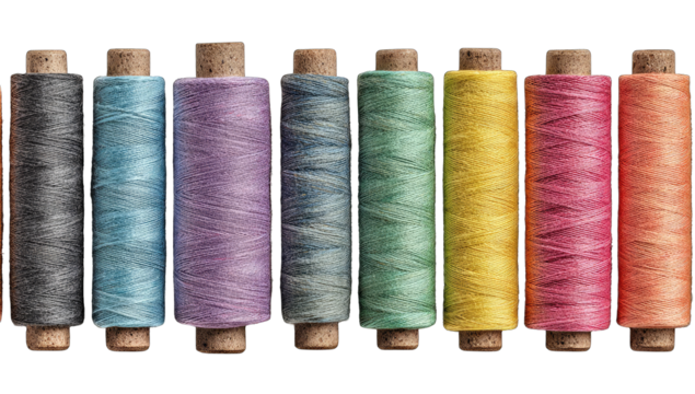 Row of colorful sewing thread spools