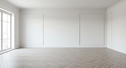 Empty Room with White Walls and Herringbone Wood Floor, Interior Space