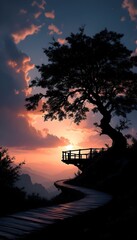 Peaceful Sunrise Over a Misty Wooden Bridge