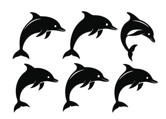 Naklejka premium A collection of stylized black dolphin silhouettes swimming and jumping against a white background