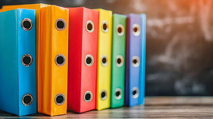 Colorful ring binders arranged on a wooden desk against a blurred background.  Perfect for office, education, or organization concepts.