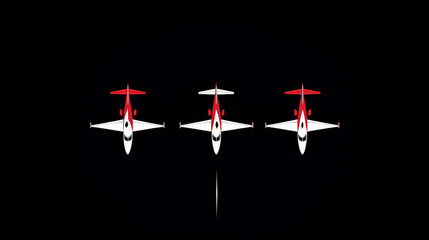 Three airplanes are flying in formation, with one red and two white. The image has a dark, moody atmosphere
