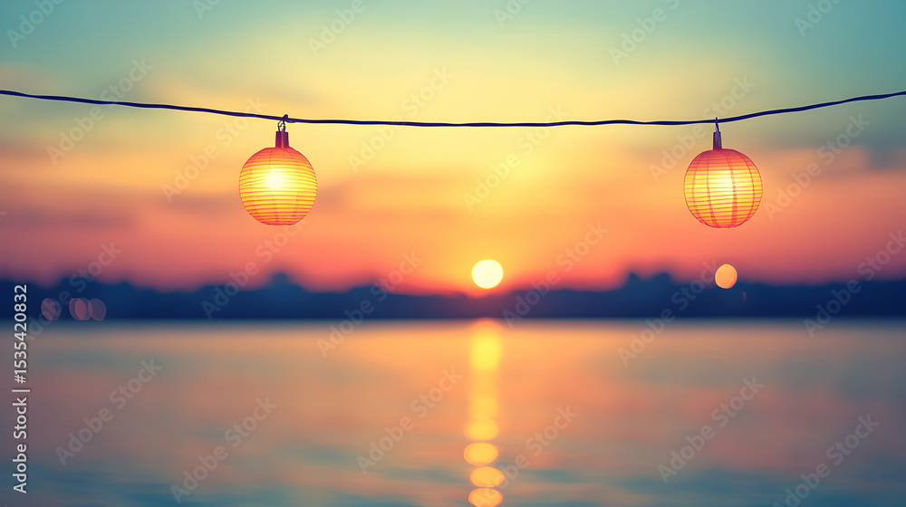 Poster serene sunset scene with two illuminated paper lanterns hanging over calm water, creating a tranquil
