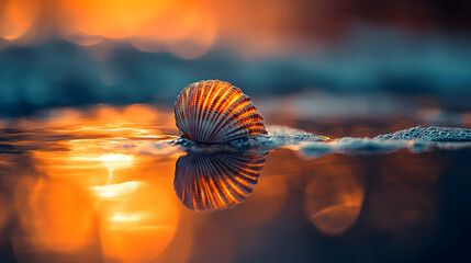 Seashell at sunset, reflecting in calm water, golden hour light, tranquil beach scene, stunning nature photography.