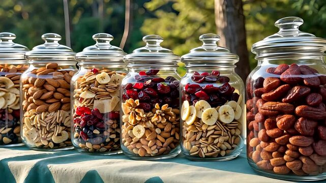 Assortment of transparent glass jars filled with mixed dried fruits, cereals, and assorted nuts on outdoor table