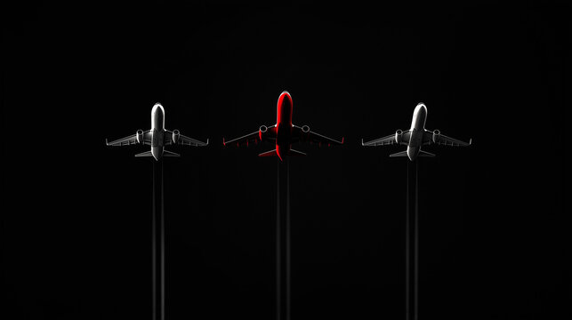 Three airplanes are flying in formation, with one red and two white. The image has a dark, moody atmosphere