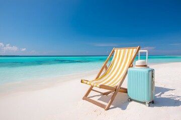 beach chair and luggage on beach sea. Summer travel concept
