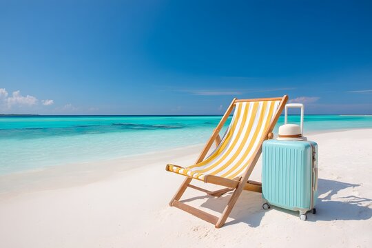 beach chair and luggage on beach sea. Summer travel concept