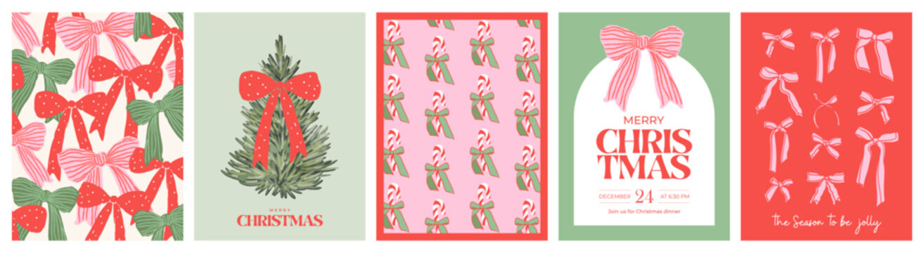 Merry Christmas and Happy New Year greeting card Set. Modern beautiful Xmas design with Christmas tree with red bow, candy cane and bows pattern, typography design. Minimal art banner, poster, cover