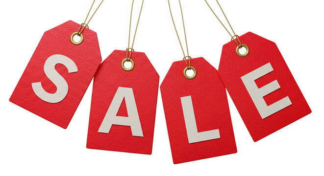 Four red tags spelling SALE hang against a white background, showcasing a simple yet effective sales promotion concept