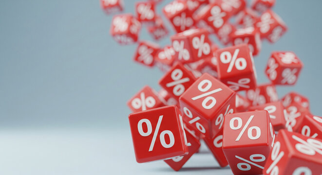 Red cubes with percentage symbols falling on light-blue background, showcasing discounts, sales, or promotions concept