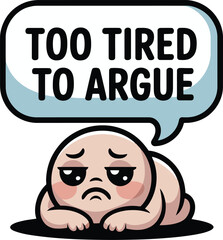 Tired Cartoon Character Says Too Tired To Argue Illustration sad lazy cute mood text pink flat calm 