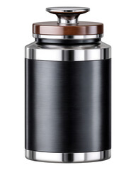 Black Brushed Metal Container with Wooden Lid Stainless Steel Accents isolate