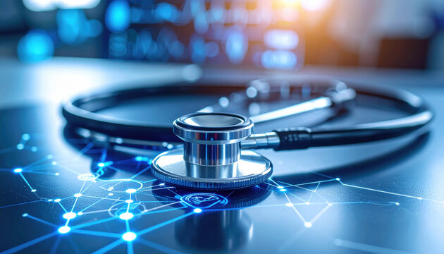 Sleek stethoscope rests on digital interface, symbolizing fusion of technology and healthcare. Its modern design reflects high fidelity and innovation in medical tools