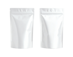 Two blank white packaging pouches on display.
